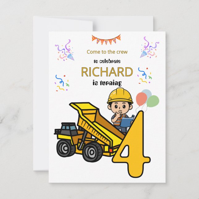Construction Theme Funny Kids Birthday Party Invitation (Front)