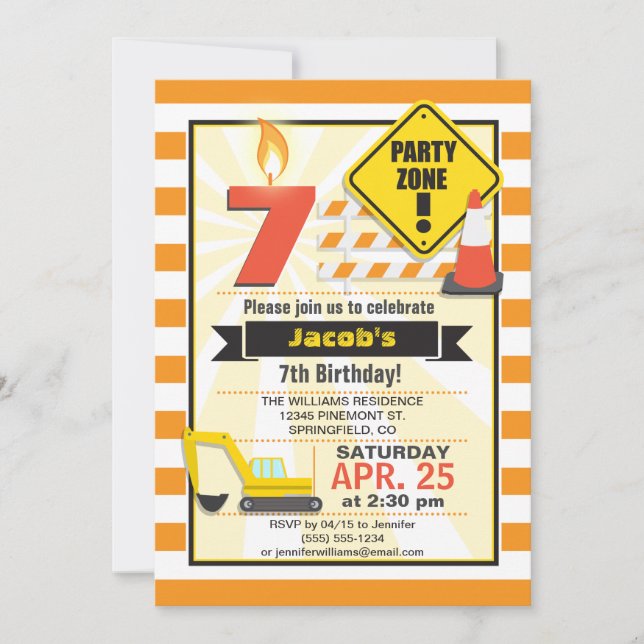 Construction Theme Kid's Birthday Party Invitation (Front)