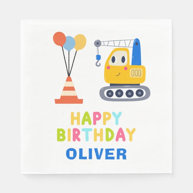 Construction Theme Kid's Birthday Party Napkin (Front)