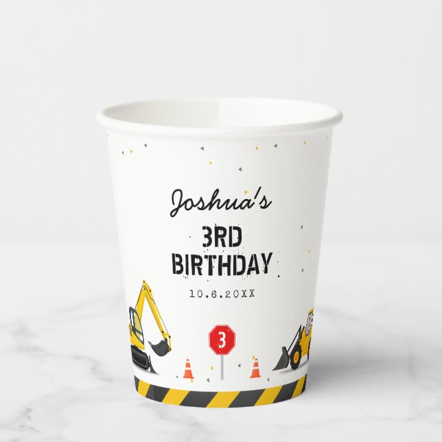 Construction Theme Trucks Kids Any Age Birthday Paper Cups (Left)