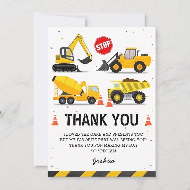 Construction Theme Trucks Kids Birthday Thank You Card (Front)