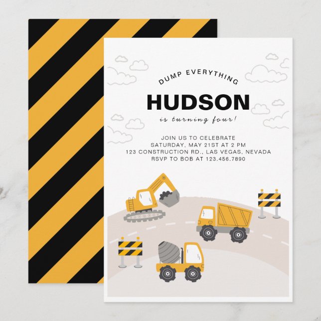 Construction Themed Birthday Party Invitation   (Front/Back)