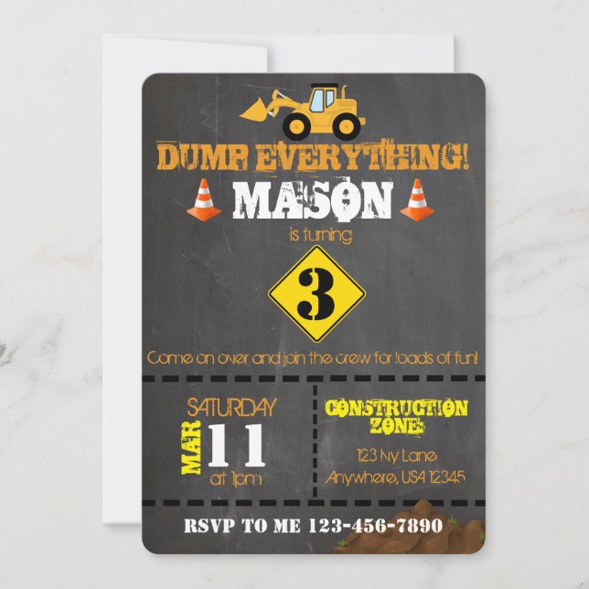 Construction themed Birthday Party Invitation (Front)