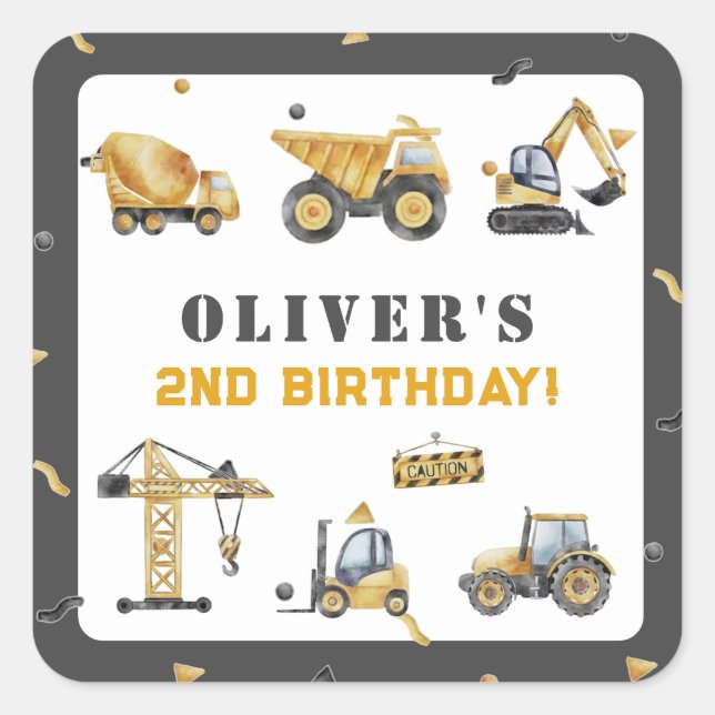 Construction-themed Tractors, Cranes, and Birthday Square Sticker (Front)