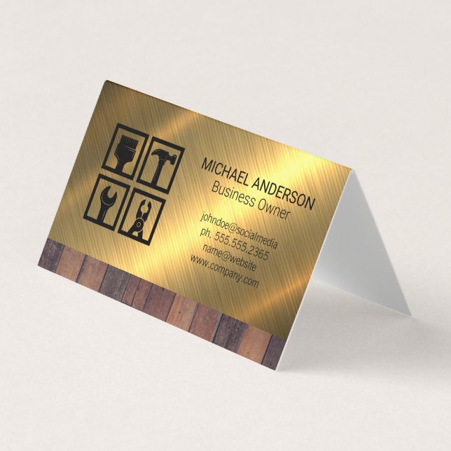 Construction Tool Icons | Wood Metal Background Business Card (Front)