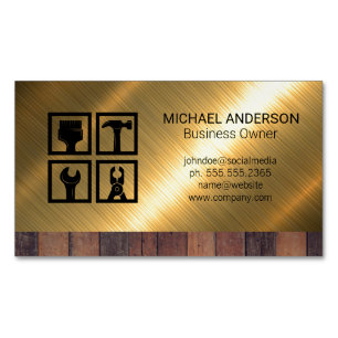Construction Tool Icons   Wood Metal Background Magnetic Business Card
