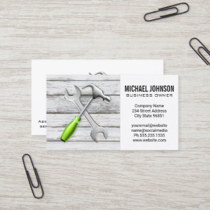 Construction Tools Hammer Wrench   Wood Background Business Card