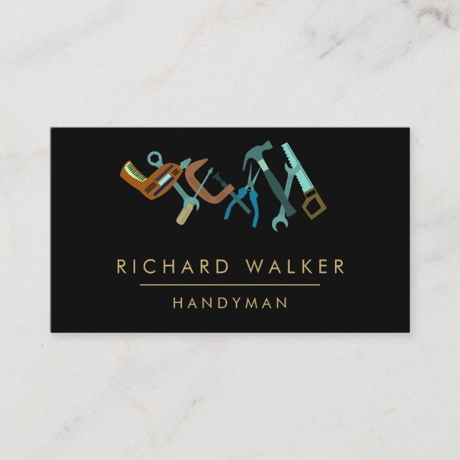 Construction Tools Handyman Blue Black Carpenter Business Card (Front)