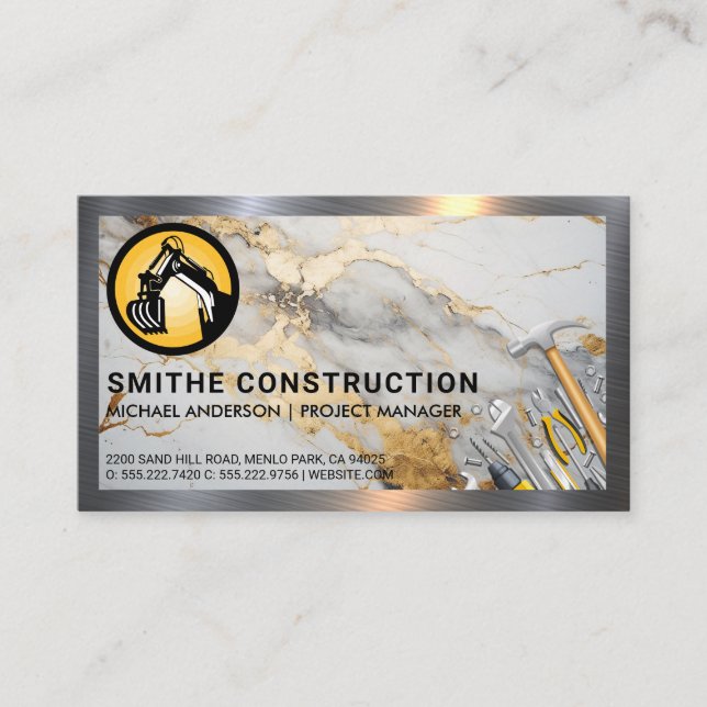 Construction Tools | Metal Border | Marble Business Card (Front)