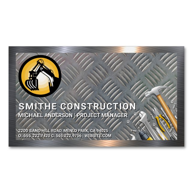 Construction Tools | Metal Border | Steel Magnetic Business Card (Front)