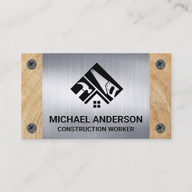 Construction Tools | Metal Screws | Wood Grain Business Card (Front)