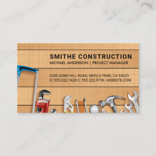 Construction Tools on Wooden Table   Carpentry Business Card
