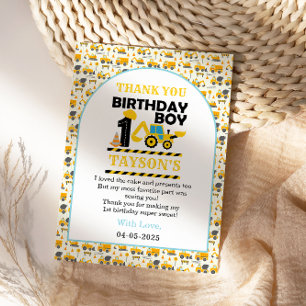 Construction Truck 1st Birthday   Kids Party Thank You Card