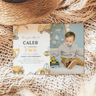 Construction Truck 2nd Birthday Photo Invitation