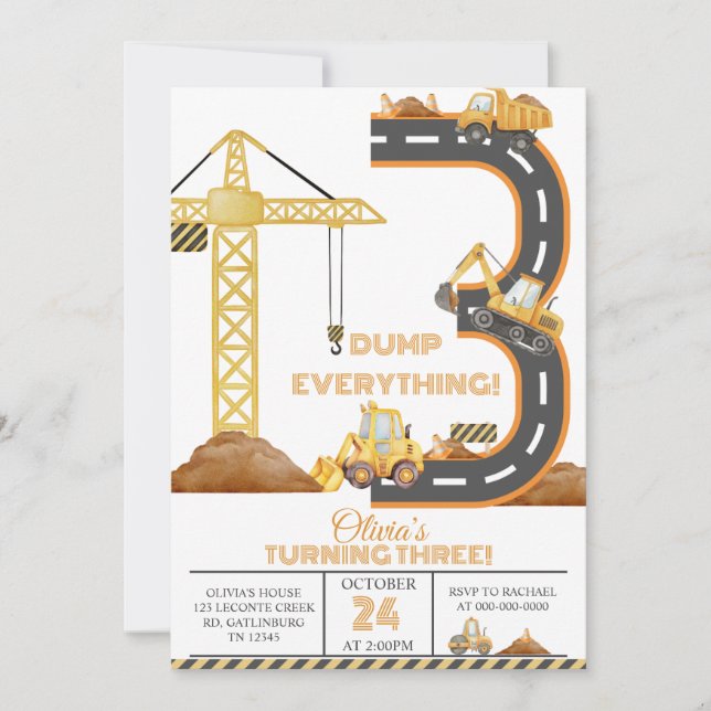 Construction Truck 3rd Birthday Invitation (Front)