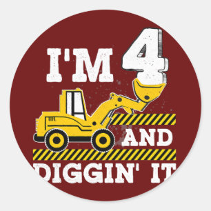 Construction Truck 4th Birthday Boy Excavator 4 Classic Round Sticker