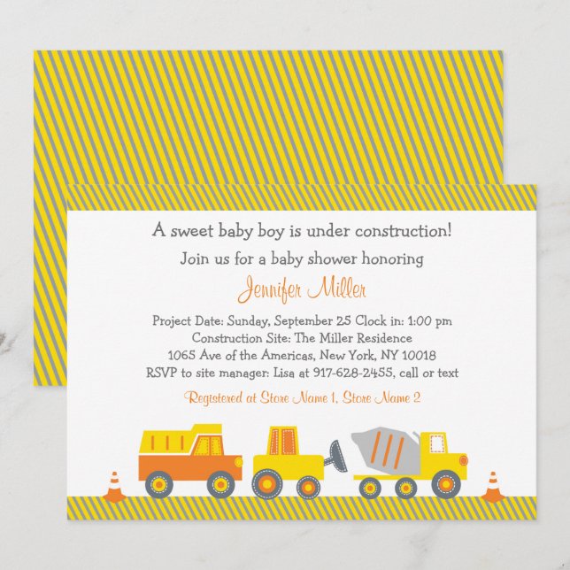 Construction Truck Baby Shower Invitation (Front/Back)