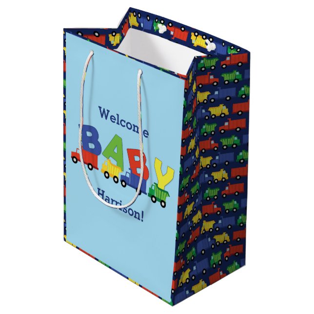 Construction Truck Baby Shower Medium Gift Bag (Back Angled)