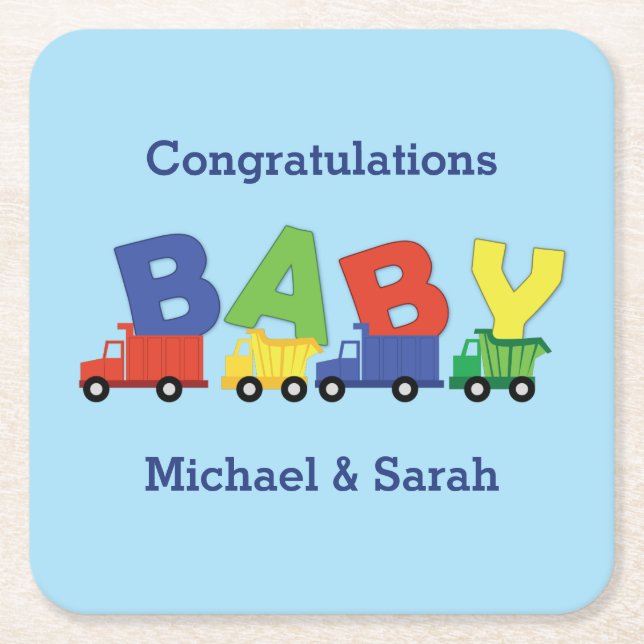 Construction Truck Baby Shower Square Paper Coaster (Front)