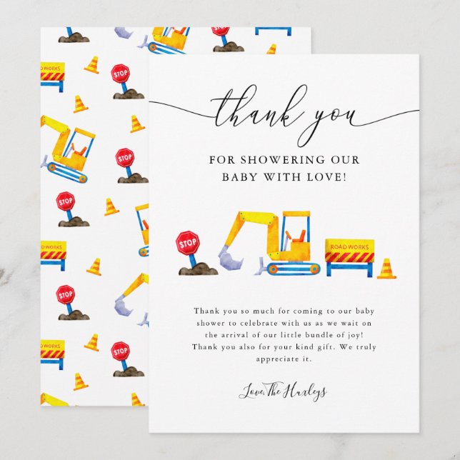 Construction Truck Baby Shower Thank You Card (Front/Back)