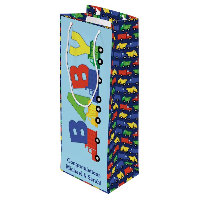 Construction Truck Baby Shower Wine Gift Bag (Back Angled)