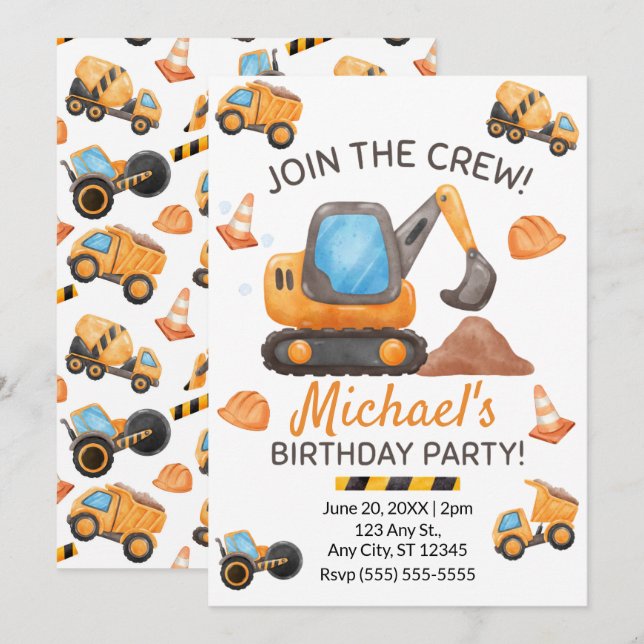 Construction Truck Birthday Invitation (Front/Back)