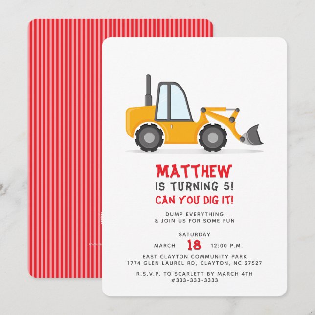 Construction Truck Birthday  Invitation (Front/Back)