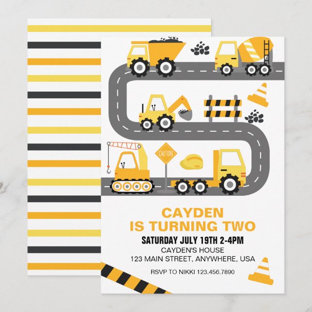 Construction Truck Birthday Invitation (Front/Back)