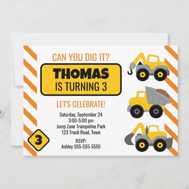 Construction Truck Birthday Party Invitation (Front)