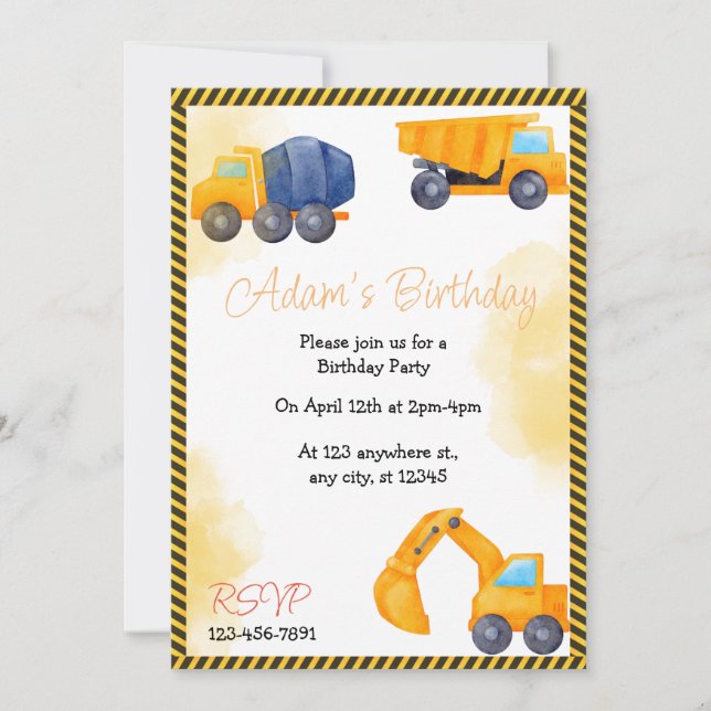 Construction Truck Birthday Party Invitation (Front)