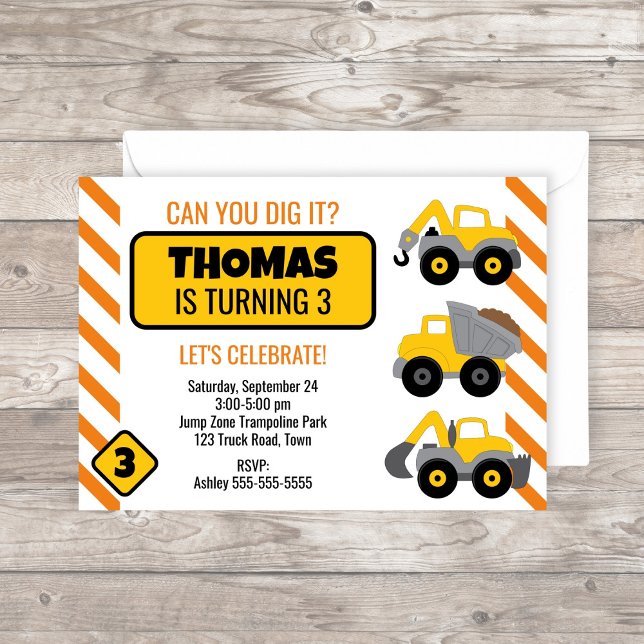 Construction Truck Birthday Party Invitation (Construction birthday party inviation with yellow trucks and orange stripes)