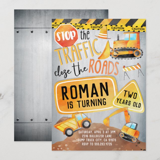 Construction Truck Birthday Party Invitation (Front/Back)