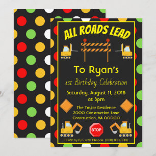 Construction Truck Birthday Party Polka Dot Fun Invitation