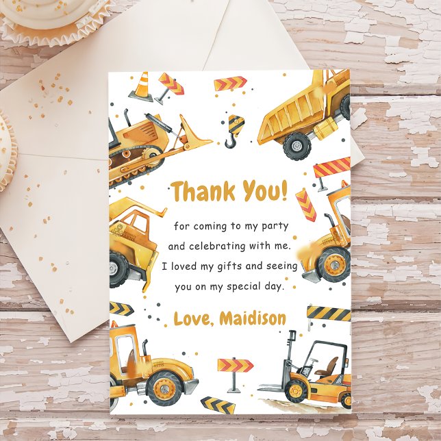 Construction Truck Birthday Party Thank You Card (Creator Uploaded)