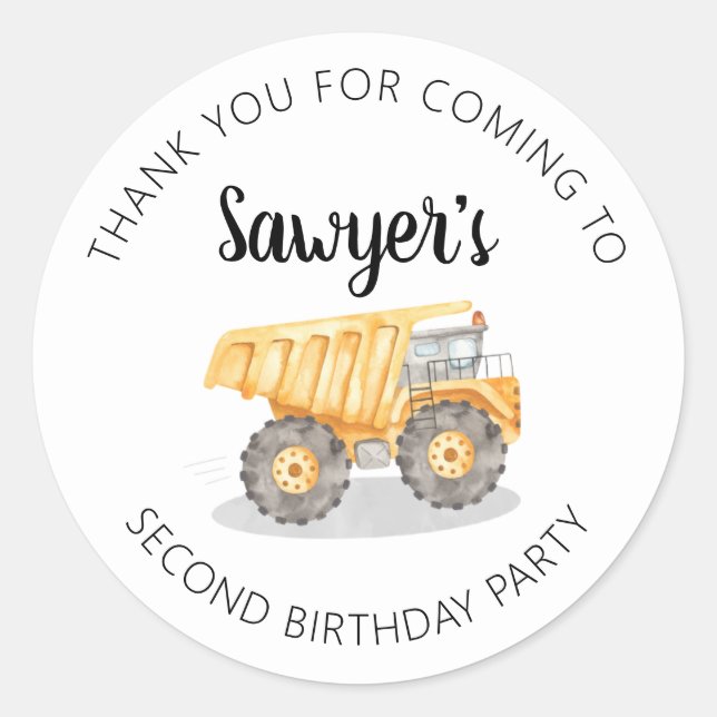 Construction Truck Birthday Thank You Sticker (Front)