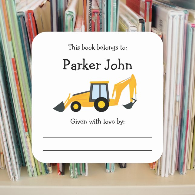Construction Truck bookplate with message Square Sticker (Creator Uploaded)
