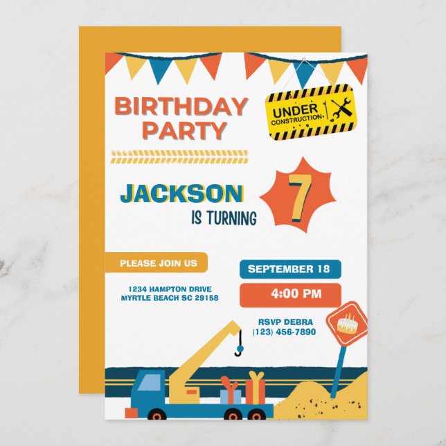   Construction Truck Boys Birthday Party Invitation (Front/Back)