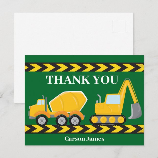 Construction Truck Boys Birthday Party Thank You Postcard (Front/Back)