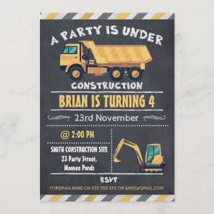 Construction Truck Chalkboard Birthday Invitation