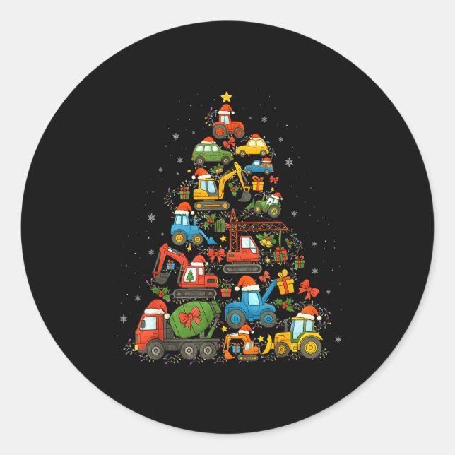Construction Truck Christmas Tree Funny Xmas Holid Classic Round Sticker (Front)