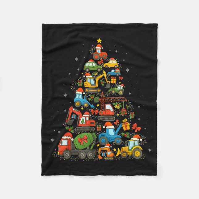 Construction Truck Christmas Tree Funny Xmas Holid Fleece Blanket (Front)