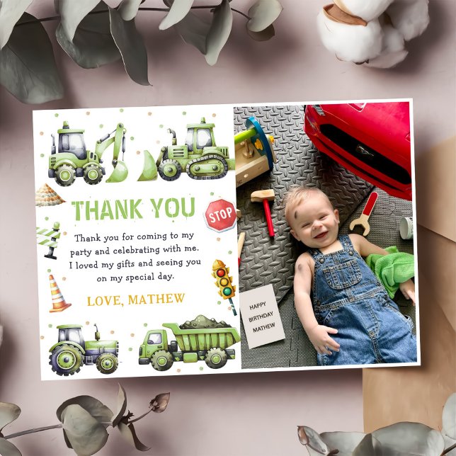 Construction Truck Digger Birthday Photo Thank You Card (Creator Uploaded)
