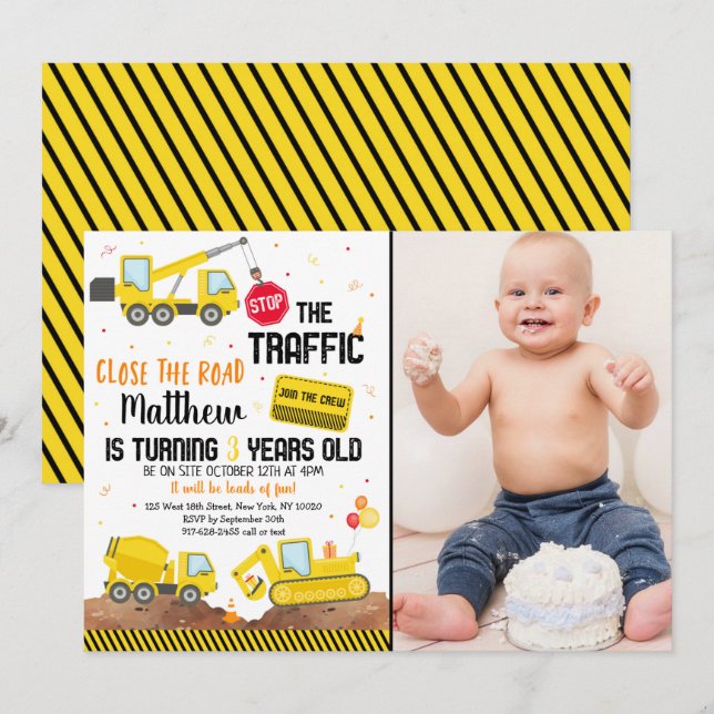 Construction Truck Dump Truck Digger Birthday Invitation (Front/Back)
