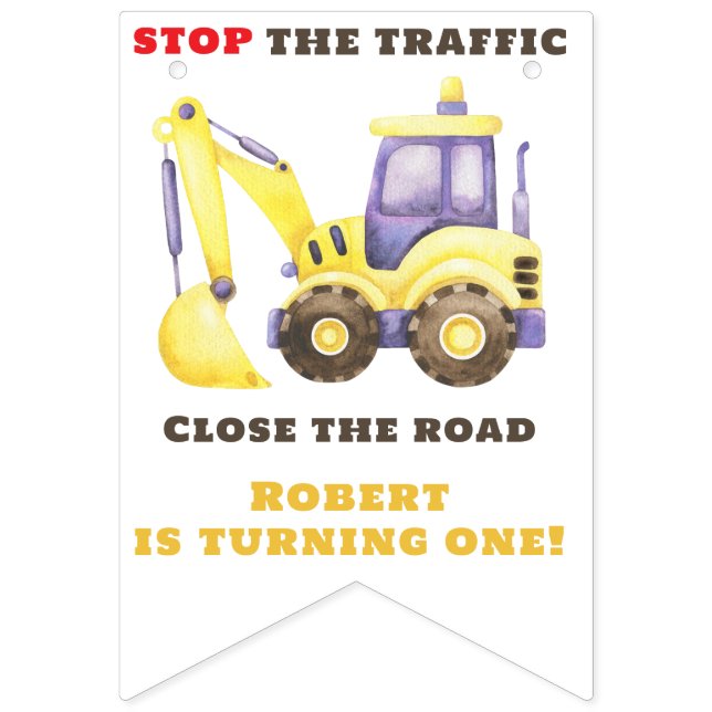 Construction Truck Excavator Birthday Party Bunting (First Flag)