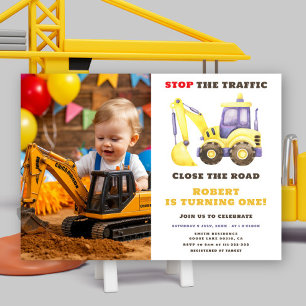 Construction Truck Excavator Birthday Party Invitation