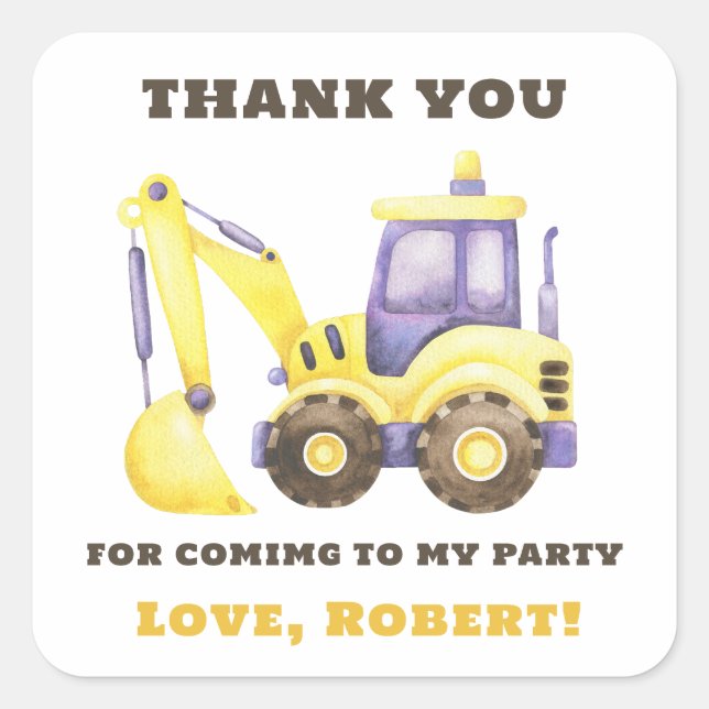 Construction Truck Excavator Birthday Party Square Sticker (Front)