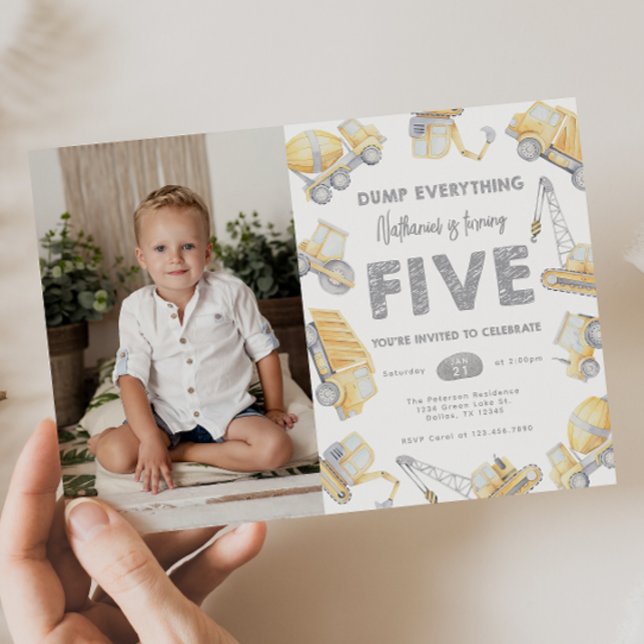 Construction Truck FIVE 5th Birthday Party Invitation (Creator Uploaded)