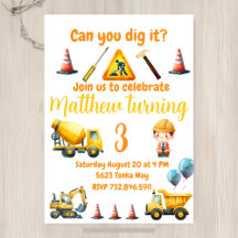 Construction truck kids birthday invitation