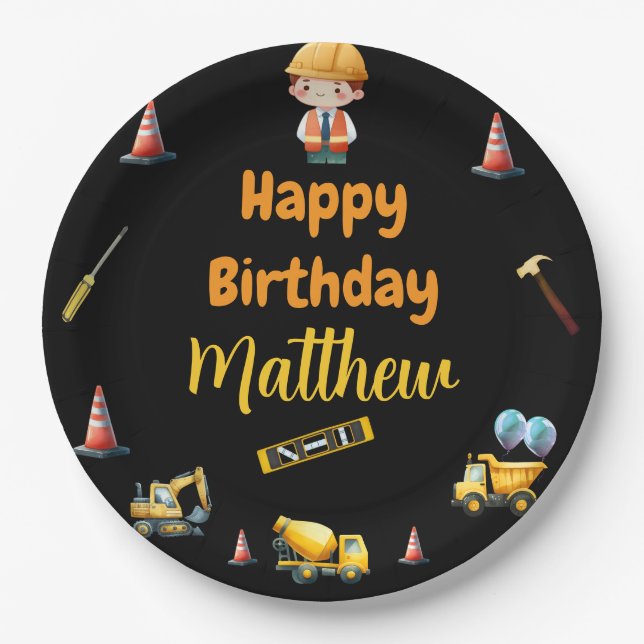 Construction truck kids birthday Paper plates (Front)