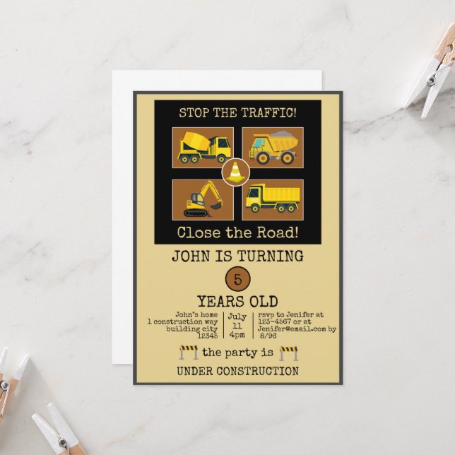 Construction Truck Kids Birthday Party Decorations Invitation (Front/Back In Situ)